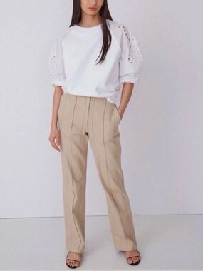 Thakoon Pinstripe High Waisted Wide Leg Trousers Khaki, Size 4
